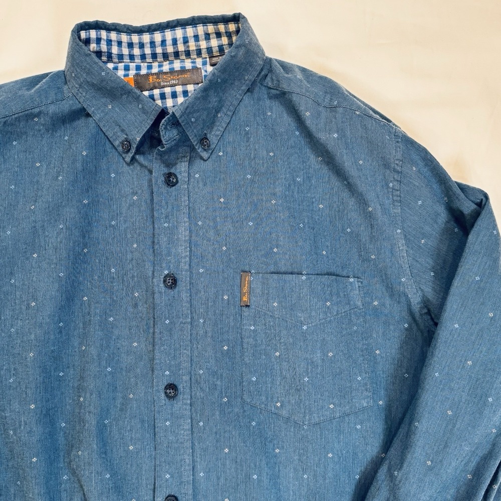 Ben Sherman Men's XL Shirt Blue Micro Dot Long Sleeve Button Down Gingham Trim